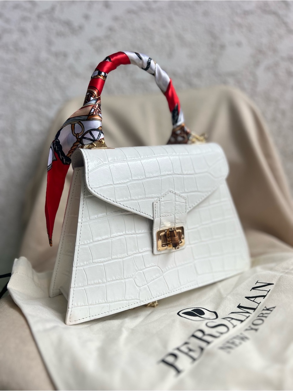 Persaman New York White Croc-Embossed Top Handle Satchel with Red Scarf Wrap